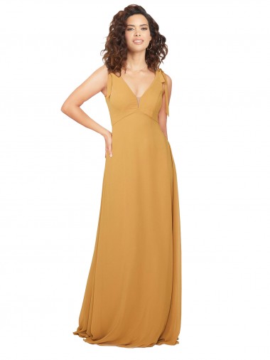Safran Trapèze Col V Mousseline Longue Robes demoiselle d'honneur Pas Chre