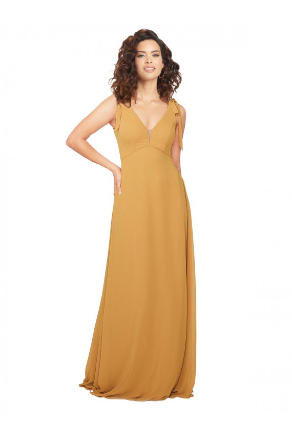 Safran Trapèze Col V Mousseline Longue Robes demoiselle d'honneur Pas Chère