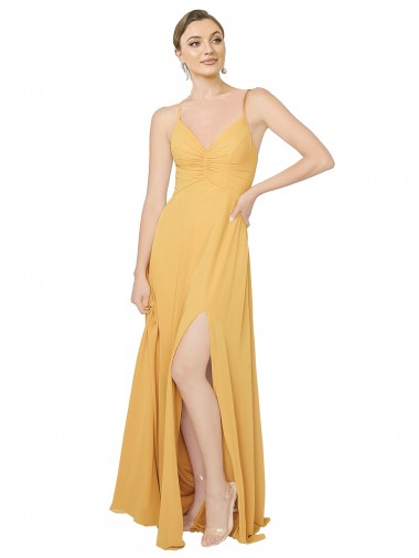 Safran Trapèze Col V Mousseline Longue Robes demoiselle d'honneur Pas Chre
