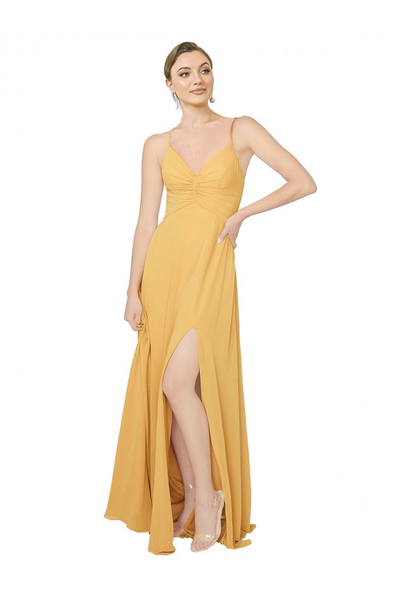 Safran Trapèze Col V Mousseline Longue Robes demoiselle d'honneur Pas Chère