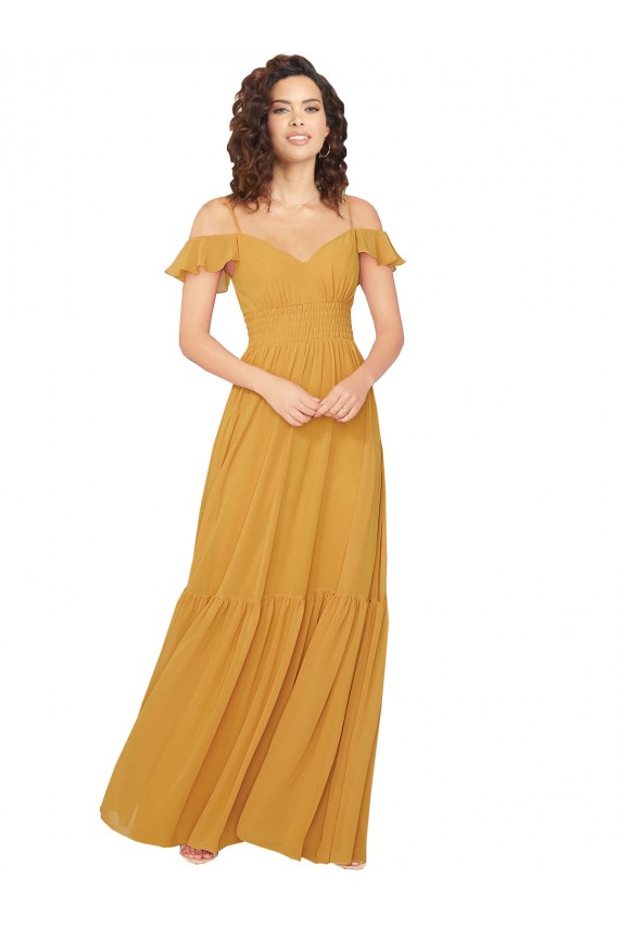 Safran Trapèze Col V Mousseline Longue Robes demoiselle d'honneur Pas Chère