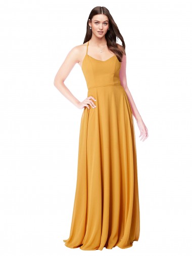Safran Trapèze Col V Mousseline Longue Robes demoiselle d'honneur Pas Chre