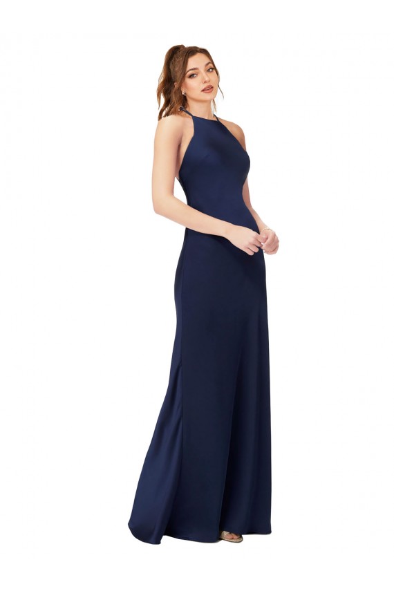 Saphir Fourreau Col Haut Satiné Soyeux Longue Formelles Robes demoiselle d'honneur / Robes de soirée / Robes de bal Pas Chère