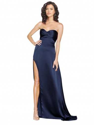 Saphir Trapèze Col Haut Satiné Soyeux Longue Formelles Robes demoiselle d'honneur / Robes de soirée / Robes de bal Pas Chre