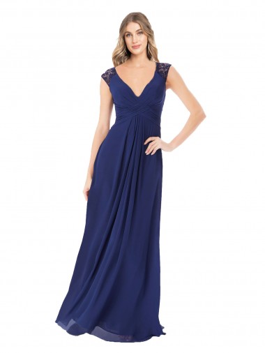 Saphir Trapèze Col V Mousseline Longue Robes demoiselle d'honneur Pas Chre