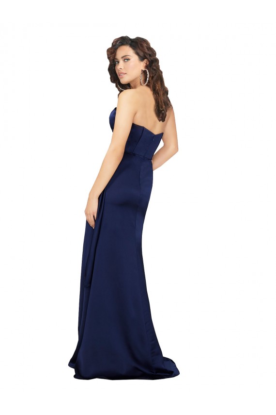 Saphir Trapèze Sans bretelle Satiné Soyeux Longue Formelles Robes demoiselle d'honneur / Robes de soirée / Robes de bal Pas Chère