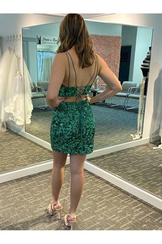 Shamrock Vert Fourreau Col V Courte Paillettes Velours Courte Robes de bal Pas Chère