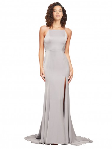 Trapèze Col Haut Balayage train Satiné Stretch Longue Formelles Robes demoiselle d'honneur / Robes de soirée / Robes de bal Pas Chre