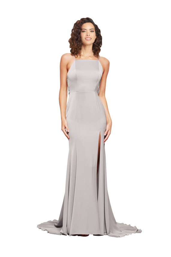Trapèze Col Haut Balayage train Satiné Stretch Longue Formelles Robes demoiselle d'honneur / Robes de soirée / Robes de bal Pas Chère