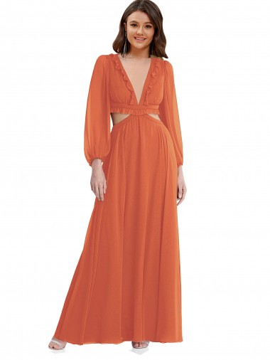 Trapèze Col V Mousseline Longue Asymétrique Robes demoiselle d'honneur Pas Chre