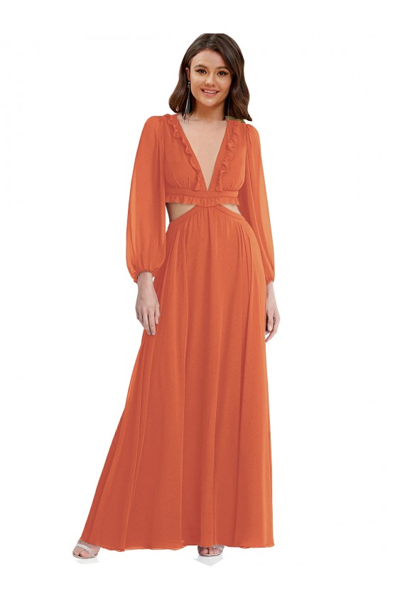 Trapèze Col V Mousseline Longue Asymétrique Robes demoiselle d'honneur Pas Chère