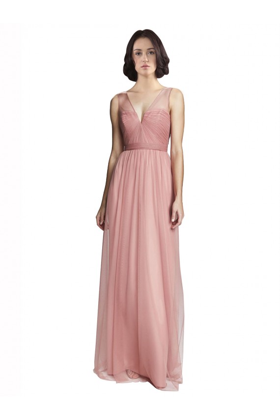Trapèze Col V Tulle Longue Robes demoiselle d'honneur Pas Chère
