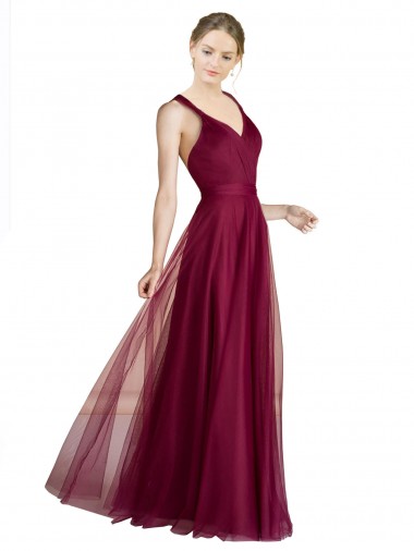 Trapèze Col V Tulle Longue Robes demoiselle d'honneur Pas Chre