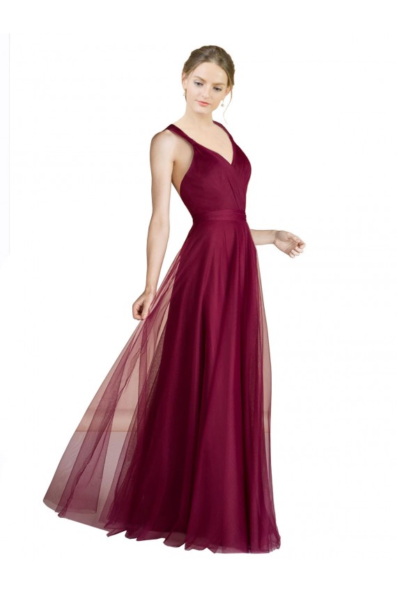 Trapèze Col V Tulle Longue Robes demoiselle d'honneur Pas Chère