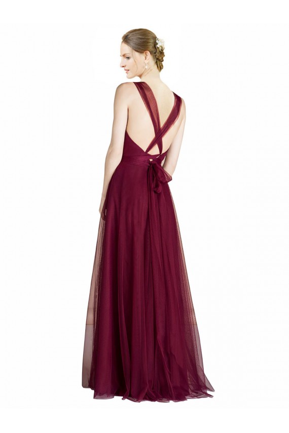 Trapèze Col V Tulle Longue Robes demoiselle d'honneur Pas Chère