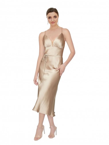 Trapèze Col V midi Satiné Soyeux Courte Robes demoiselle d'honneur / Robes de soirée / Robes de cocktail Pas Chre