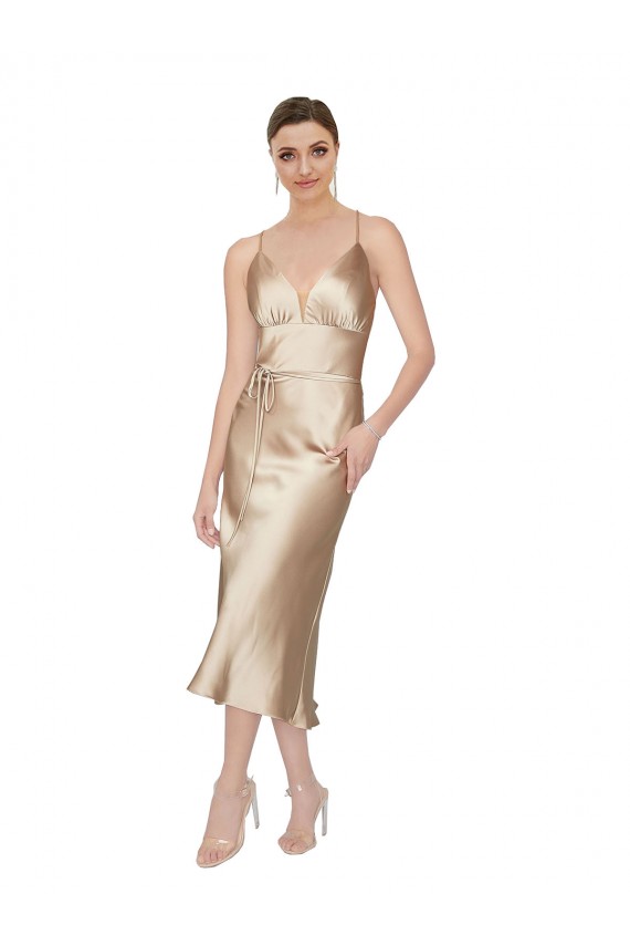 Trapèze Col V midi Satiné Soyeux Courte Robes demoiselle d'honneur / Robes de soirée / Robes de cocktail Pas Chère
