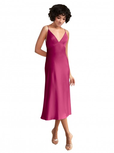 Trapèze Col V midi Satiné Stretch Courte Robes demoiselle d'honneur / Robes de soirée / Robes de cocktail Pas Chre