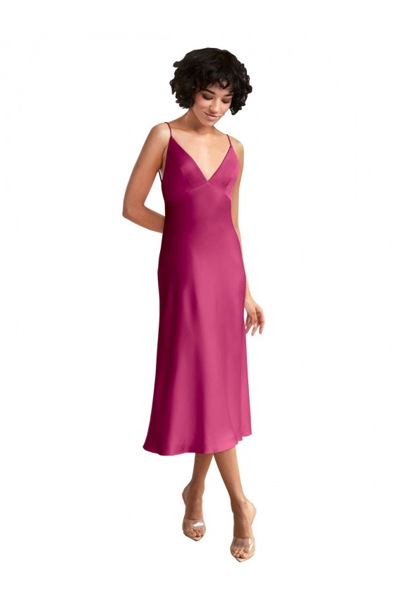 Trapèze Col V midi Satiné Stretch Courte Robes demoiselle d'honneur / Robes de soirée / Robes de cocktail Pas Chère