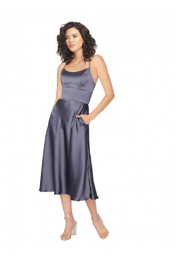 Trapèze Scoop midi Satiné Soyeux Courte Robes demoiselle d'honneur / Robes de bal / Robes de cocktail Pas Chère
