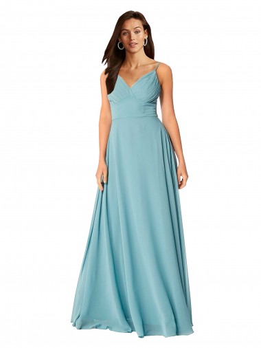 Turquoise Trapèze Col V Mousseline Longue Robes demoiselle d'honneur Pas Chre