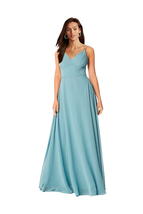 Turquoise Trapèze Col V Mousseline Longue Robes demoiselle d'honneur Pas Chère