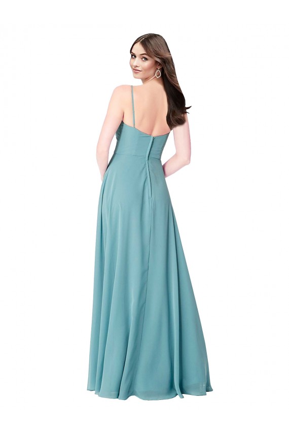 Turquoise Trapèze Col V Mousseline Longue Robes demoiselle d'honneur Pas Chère