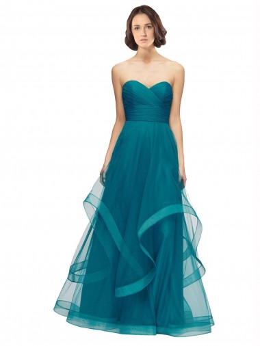 Turquoise Trapèze Sans bretelle Tulle Longue Robes demoiselle d'honneur Pas Chre