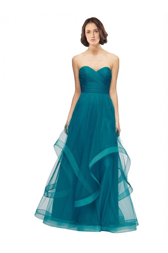 Turquoise Trapèze Sans bretelle Tulle Longue Robes demoiselle d'honneur Pas Chère