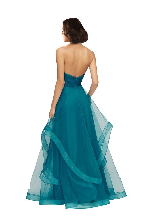Turquoise Trapèze Sans bretelle Tulle Longue Robes demoiselle d'honneur Pas Chère