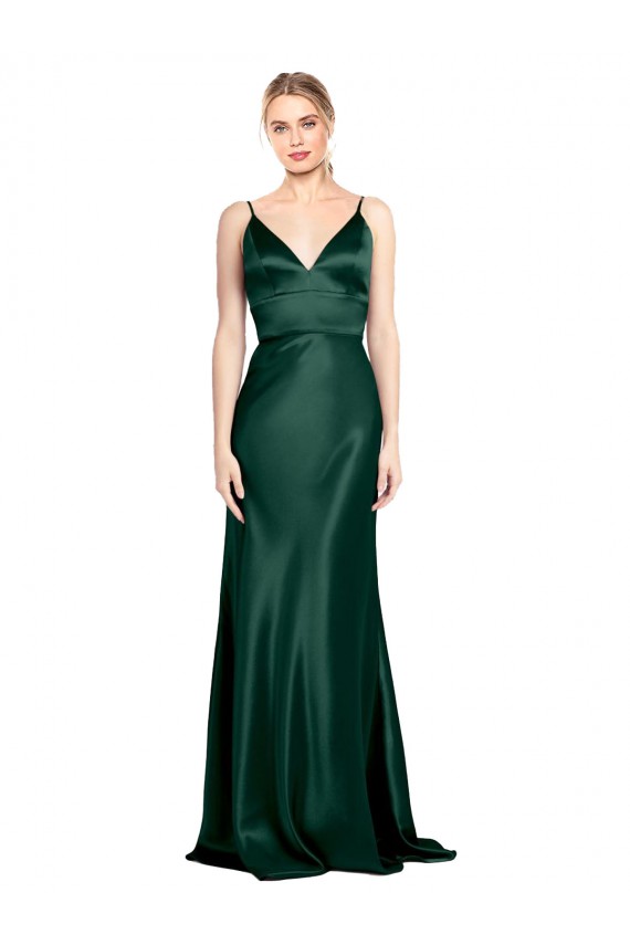 Vert Chasseur Fourreau Bretelles spaghetti Col V Satiné Stretch Longue Formelles Robes demoiselle d'honneur / Robes de soirée / Robes de bal Pas Chère