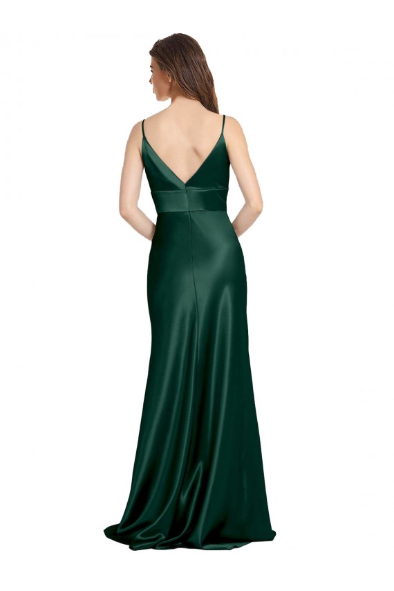 Vert Chasseur Fourreau Bretelles spaghetti Col V Satiné Stretch Longue Formelles Robes demoiselle d'honneur / Robes de soirée / Robes de bal Pas Chère