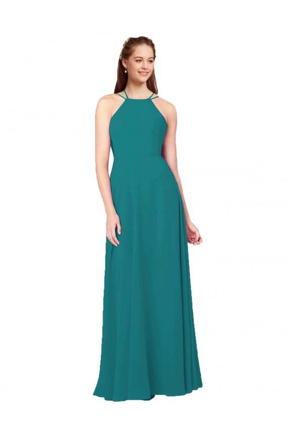 Vert Chasseur Fourreau Col Haut Mousseline Longue Robes demoiselle d'honneur Pas Chère