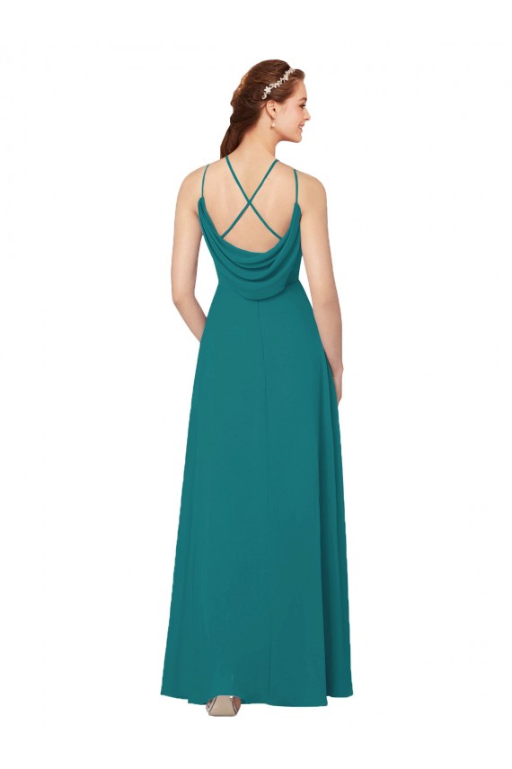 Vert Chasseur Fourreau Col Haut Mousseline Longue Robes demoiselle d'honneur Pas Chère