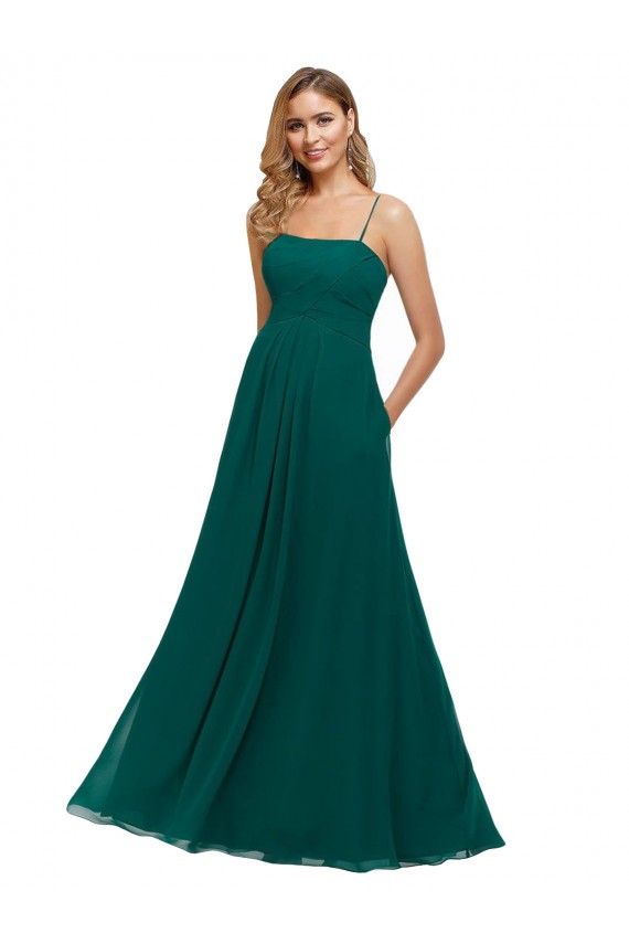 Vert Chasseur Trapèze Bretelles spaghetti Col Carré Mousseline Longue Robes demoiselle d'honneur Pas Chère