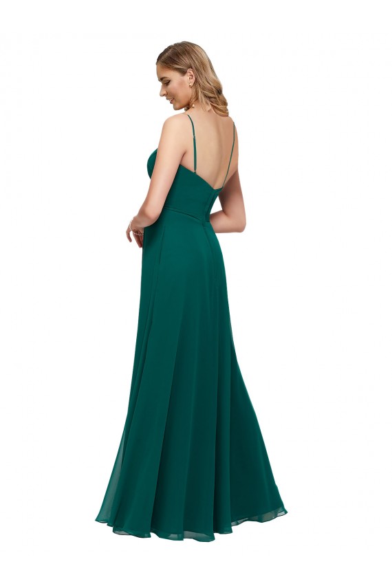 Vert Chasseur Trapèze Bretelles spaghetti Col Carré Mousseline Longue Robes demoiselle d'honneur Pas Chère
