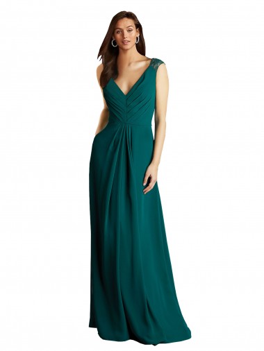 Vert Chasseur Trapèze Col V Mousseline Dentelle Longue Robes demoiselle d'honneur Pas Chre