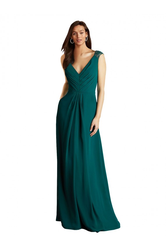 Vert Chasseur Trapèze Col V Mousseline Dentelle Longue Robes demoiselle d'honneur Pas Chère