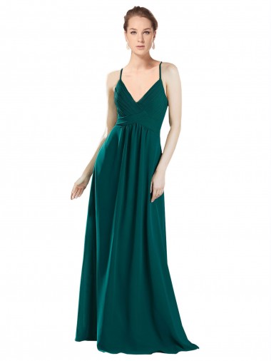 Vert Chasseur Trapèze Col V Mousseline Longue Robes demoiselle d'honneur Pas Chre