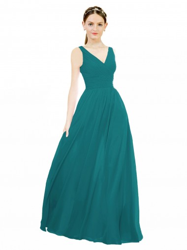 Vert Chasseur Trapèze Col V Mousseline Longue Robes demoiselle d'honneur Pas Chre