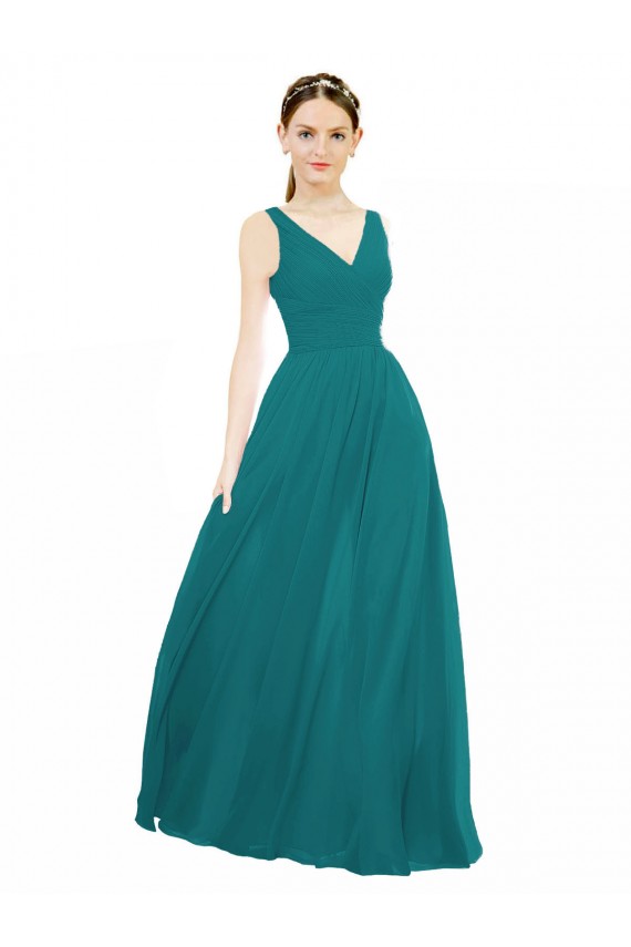 Vert Chasseur Trapèze Col V Mousseline Longue Robes demoiselle d'honneur Pas Chère
