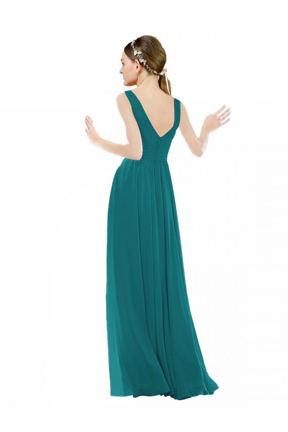 Vert Chasseur Trapèze Col V Mousseline Longue Robes demoiselle d'honneur Pas Chère