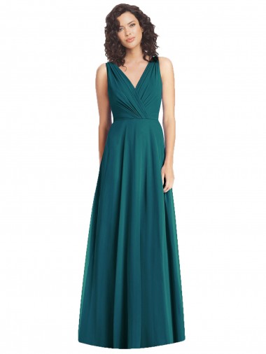 Vert Chasseur Trapèze Col V Mousseline Longue Robes demoiselle d'honneur Pas Chre