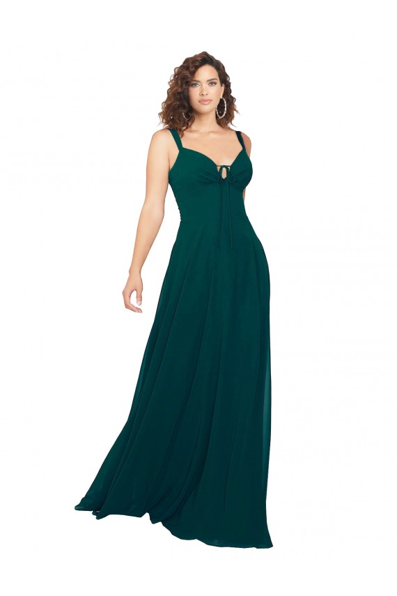 Vert Chasseur Trapèze Col V Mousseline Longue Robes demoiselle d'honneur Pas Chère
