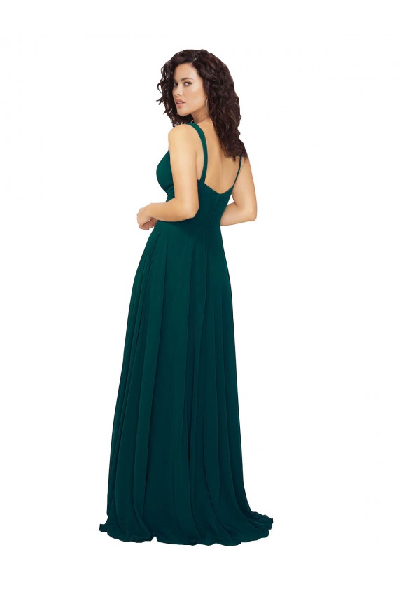 Vert Chasseur Trapèze Col V Mousseline Longue Robes demoiselle d'honneur Pas Chère
