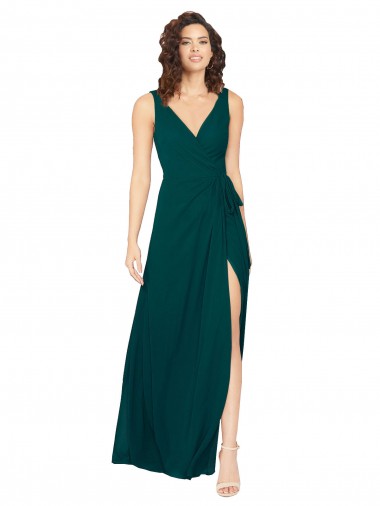 Vert Chasseur Trapèze Col V Mousseline Longue Robes demoiselle d'honneur Pas Chre