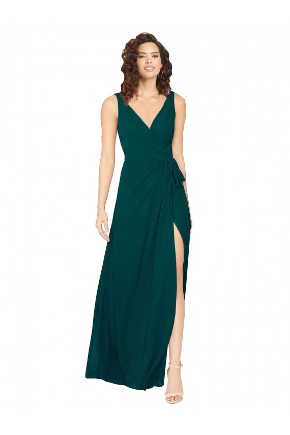 Vert Chasseur Trapèze Col V Mousseline Longue Robes demoiselle d'honneur Pas Chère