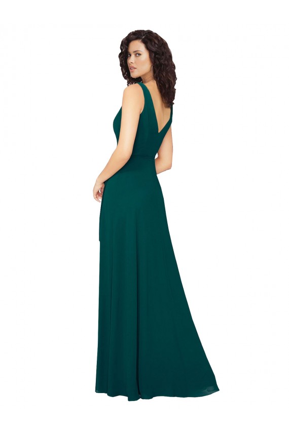Vert Chasseur Trapèze Col V Mousseline Longue Robes demoiselle d'honneur Pas Chère