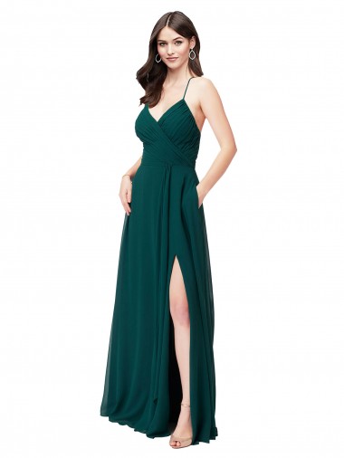 Vert Chasseur Trapèze Col V Mousseline Longue Robes demoiselle d'honneur Pas Chre