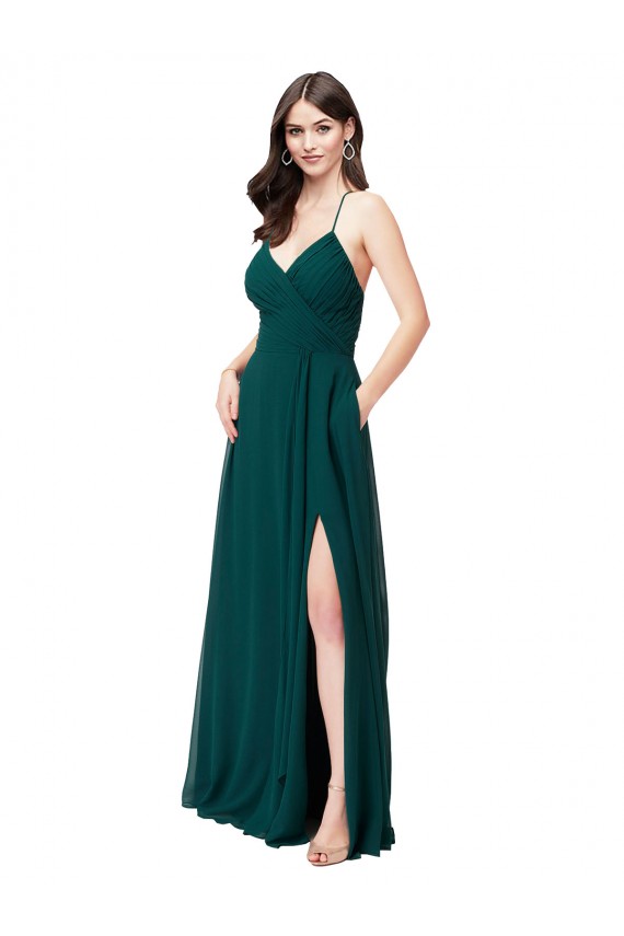 Vert Chasseur Trapèze Col V Mousseline Longue Robes demoiselle d'honneur Pas Chère